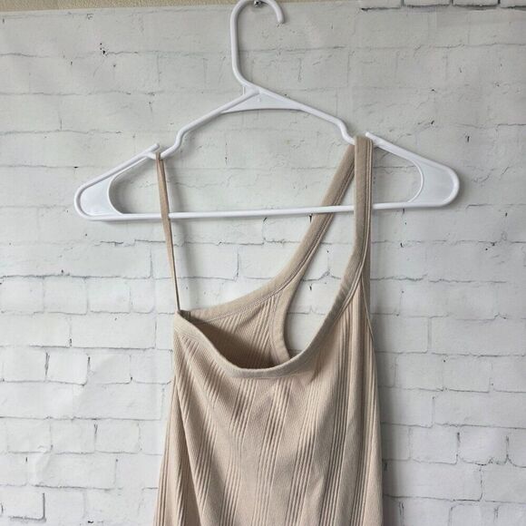 Aerie One Shoulder Ribbed Midi Dress Size XS Beige Slit Summer Stretch Bodycon - Picture 4 of 8